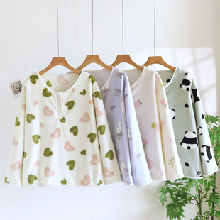 法兰绒套头单件上衣睡衣女款春秋冬季加厚珊瑚绒家居服冬天法兰绒