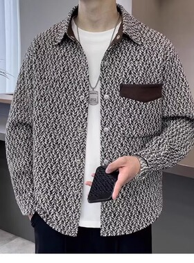 秋季新款编织提花翻领衬衫男韩版百搭休闲高级感网红宽松针织夹克
