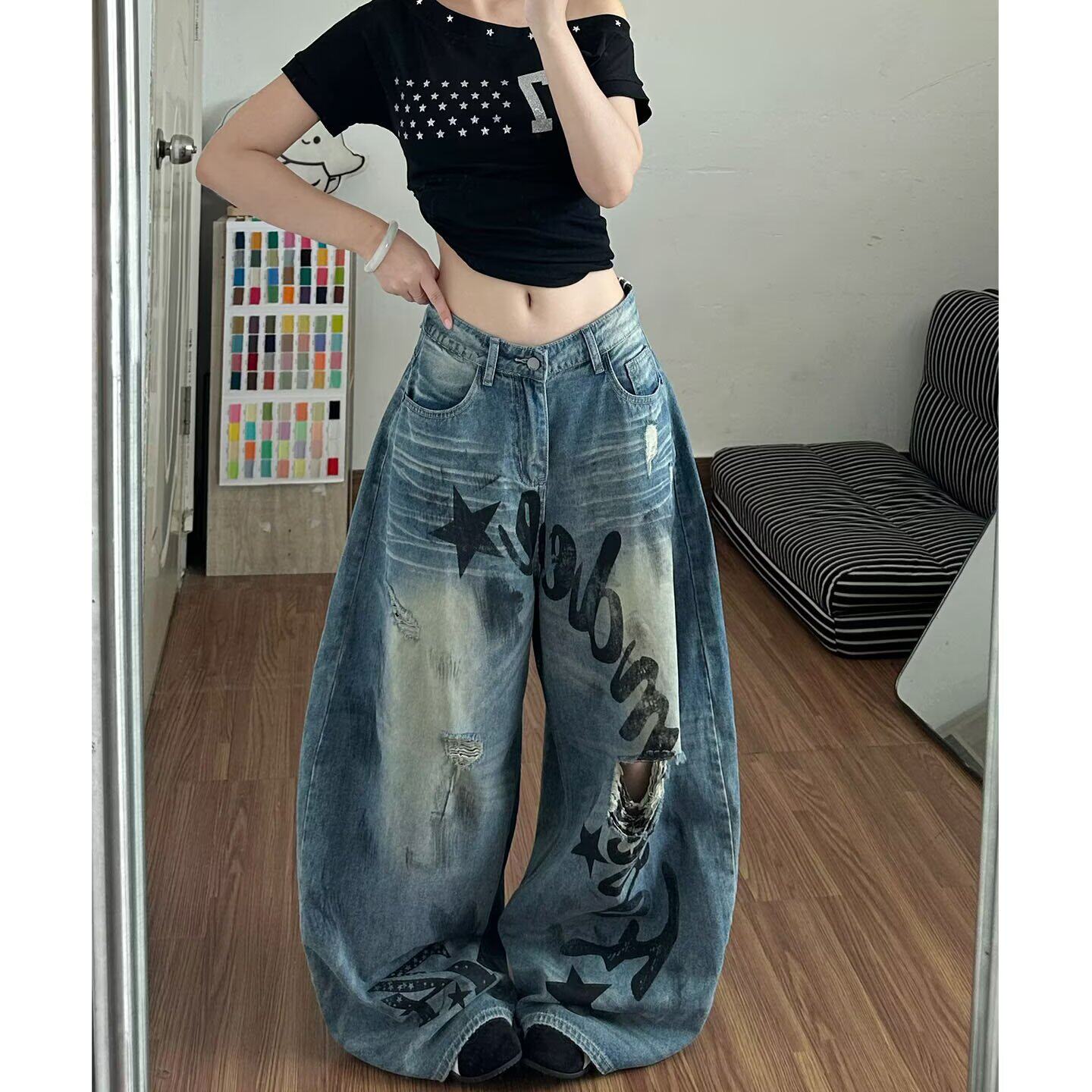 美式高街破洞阔腿牛仔裤显瘦