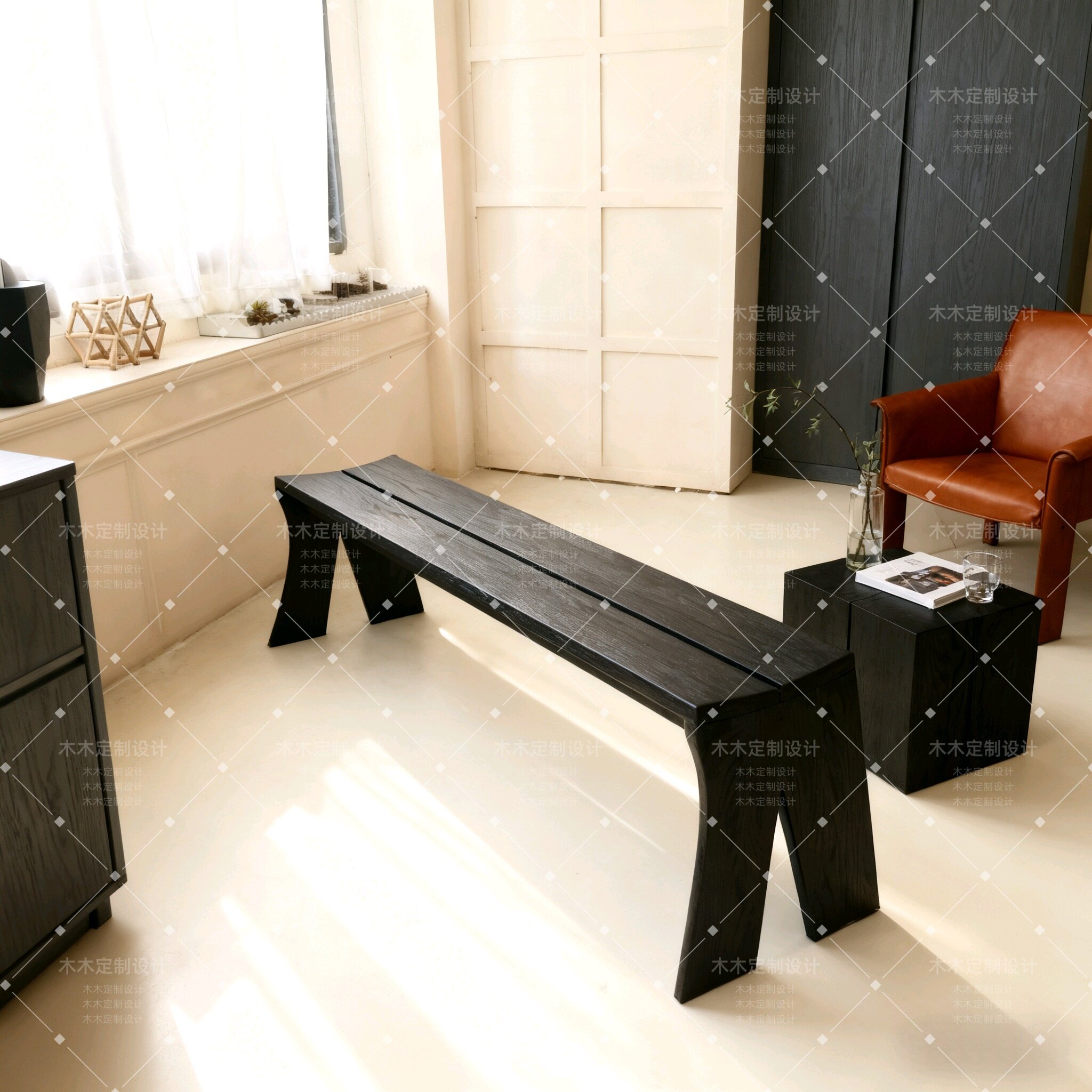 诧寂风白蜡木长条凳黑色简约