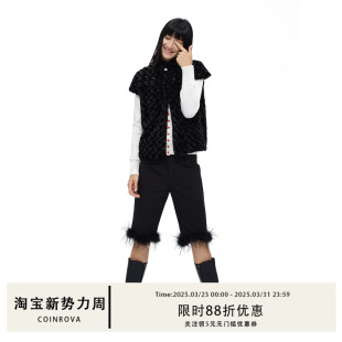 COINROVA 仿皮草小马甲时髦洋气秋外穿 黑色玫瑰花朵毛毛短袖