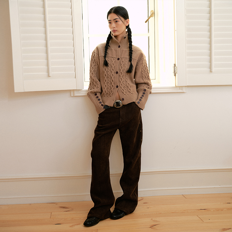 COINROVA棕色天丝棉肌理磨毛加绒保暖微喇裤复古撞钉