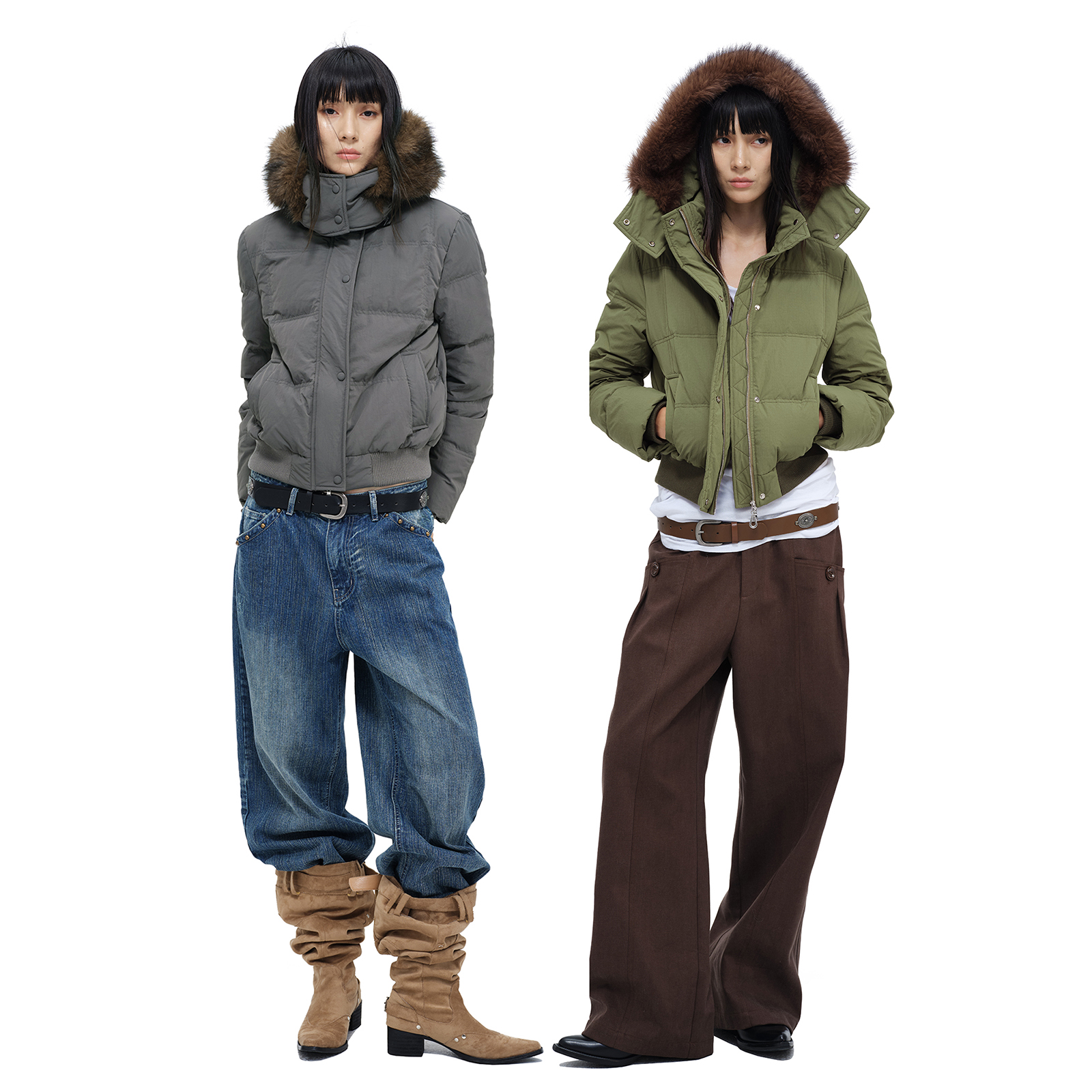 COINROVA 两色拼毛连帽短款90白鸭绒羽绒服保暖女款冬季派克服厚