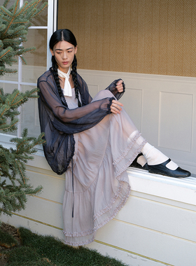 COINROVA荷叶边花边条纹长袖系带罩衫防晒搭配氛围感衬衫