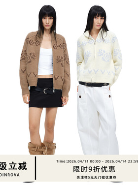 COINROVA两色20羊毛混纺费尔岛花朵图案弧形立领毛衣开衫秋冬穿搭