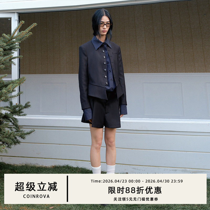 COINROVA纽扣叠褶休闲西装外套A摆短裙裤套装气质名媛高级感