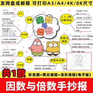 数学五年级下册第二单元因数与倍数手抄报思维导图手抄报模板线稿