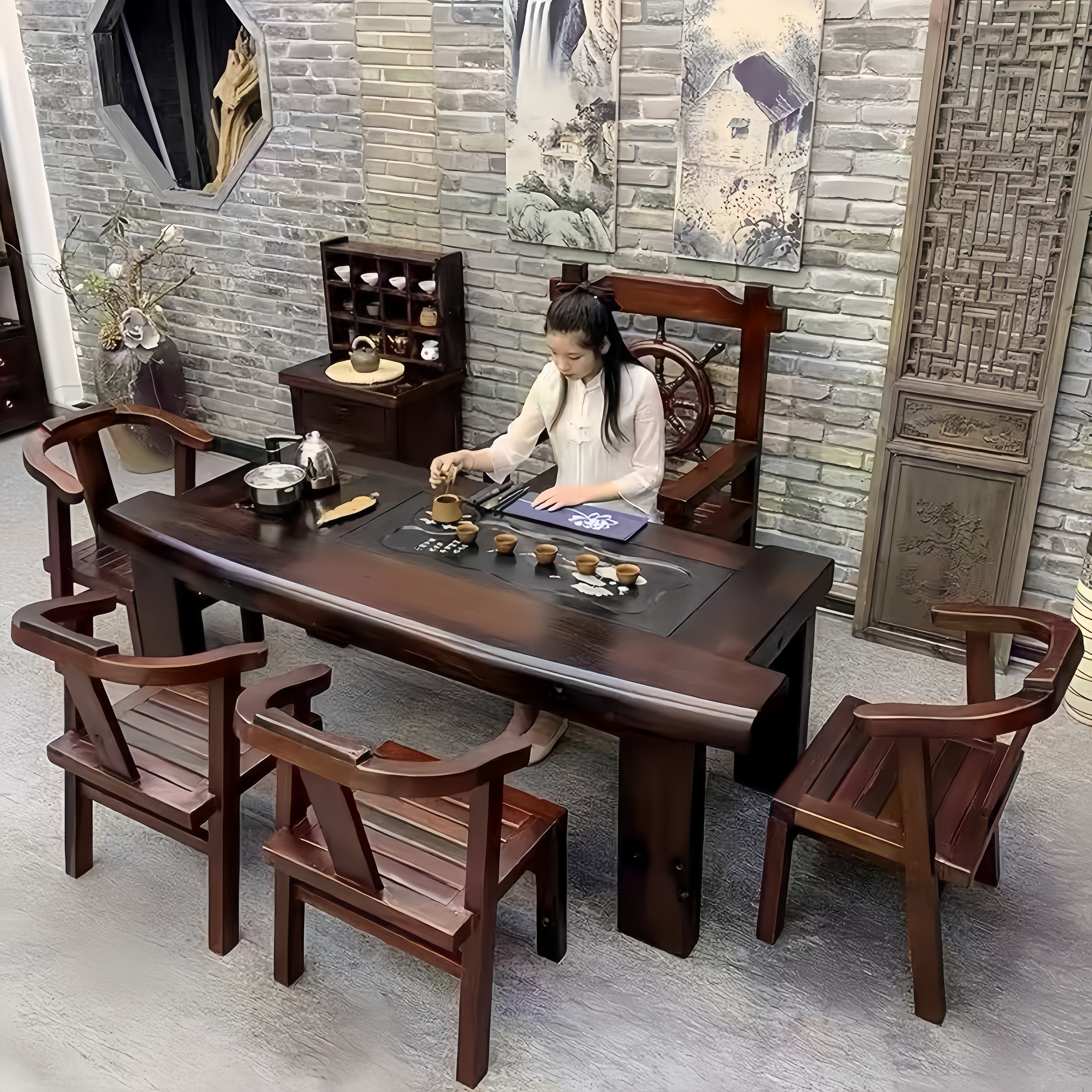 老船木全实木茶桌椅组合中式功夫茶台家用办公室茶几一体茶室泡茶