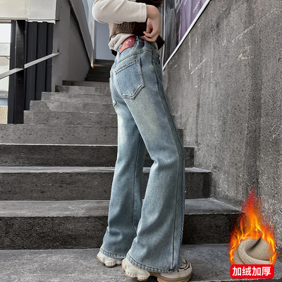 女童加绒裤子儿童冬季牛仔喇叭裤