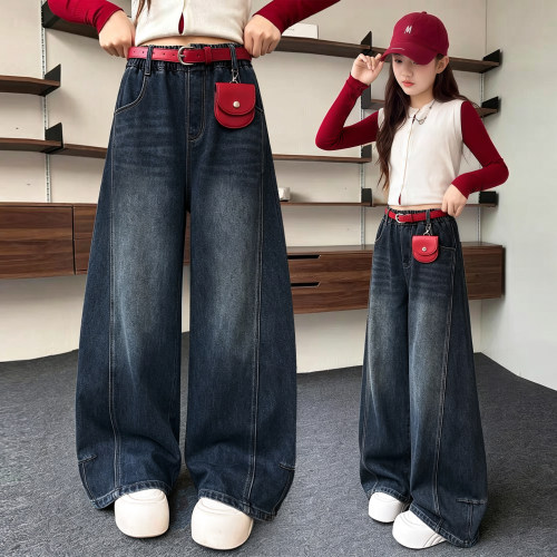 女童加绒裤子一体绒牛仔阔腿裤