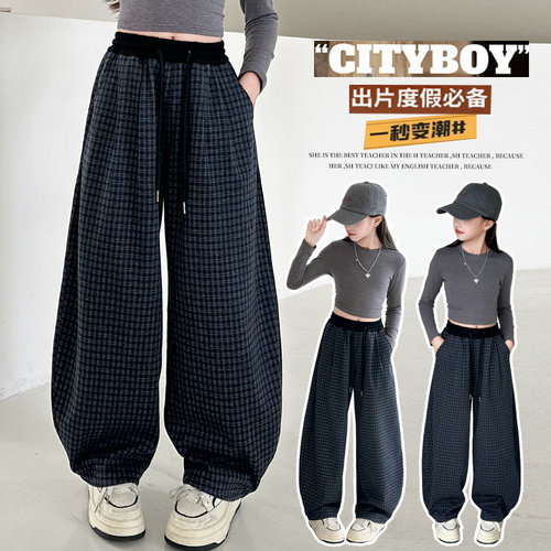 女童加绒加厚裤子秋冬时尚格子裤