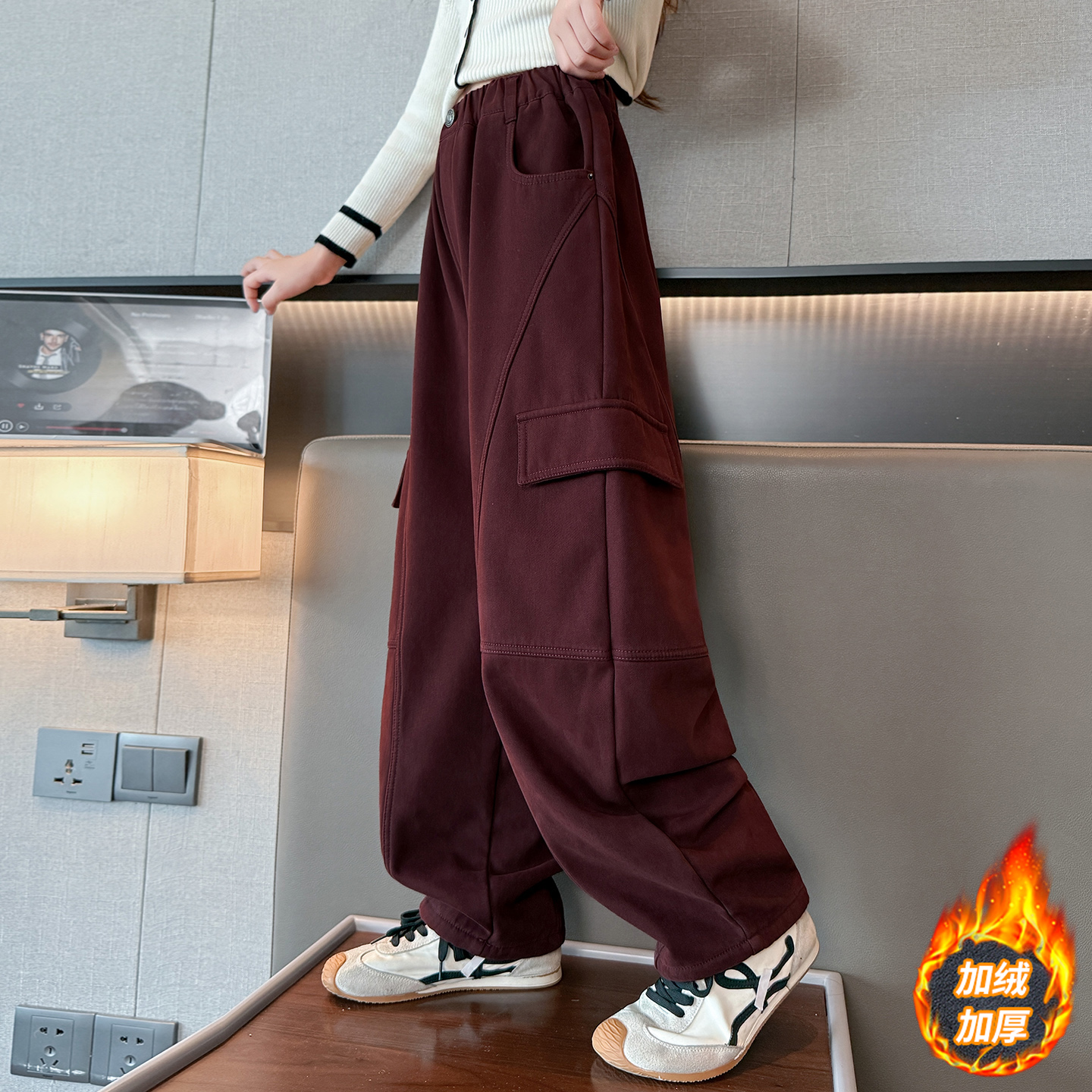 女童加绒裤子一体绒休闲工装裤