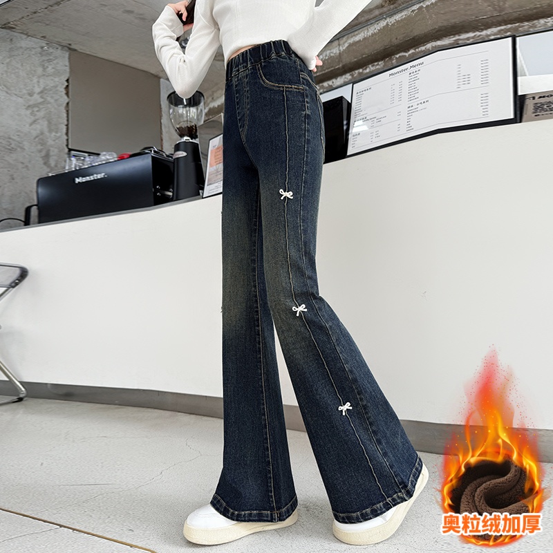 女童加绒裤子修身牛仔喇叭裤