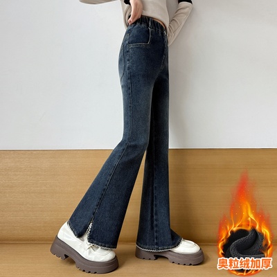 女童加绒喇叭裤一体绒开叉牛仔裤