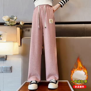 女童加绒裤子秋冬2025新款冬装10岁女孩冬季加厚条绒裤儿童阔腿裤