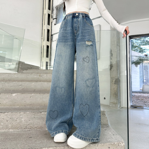 女童裤子春秋洋气爱心破洞牛仔裤