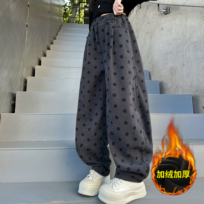 女童加绒裤子波点一体绒加厚绒裤