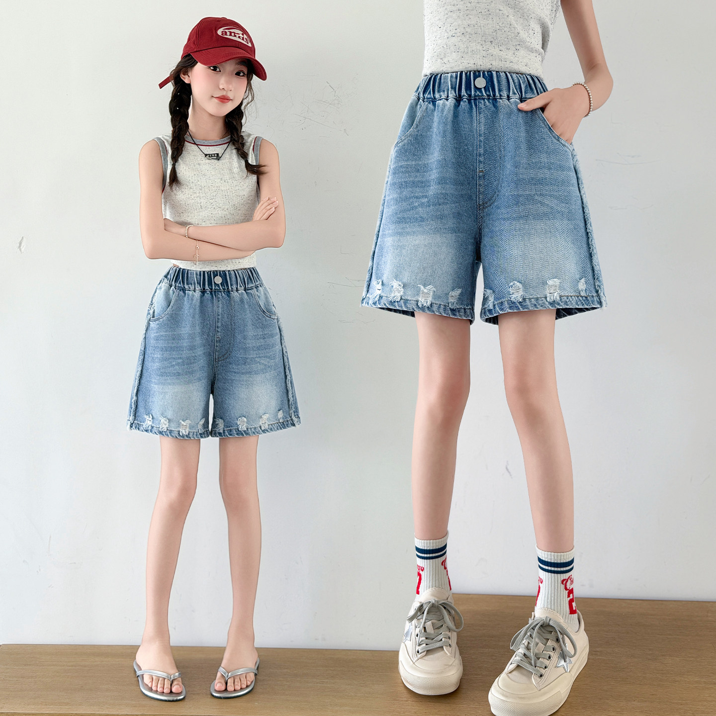 女童短裤外穿夏季薄款2026新款夏装女孩时尚破洞毛边牛仔儿童裤子