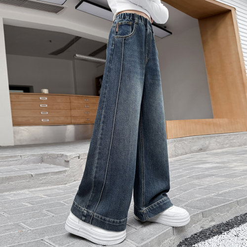 女童裤子酷飒拼接牛仔阔腿裤春秋
