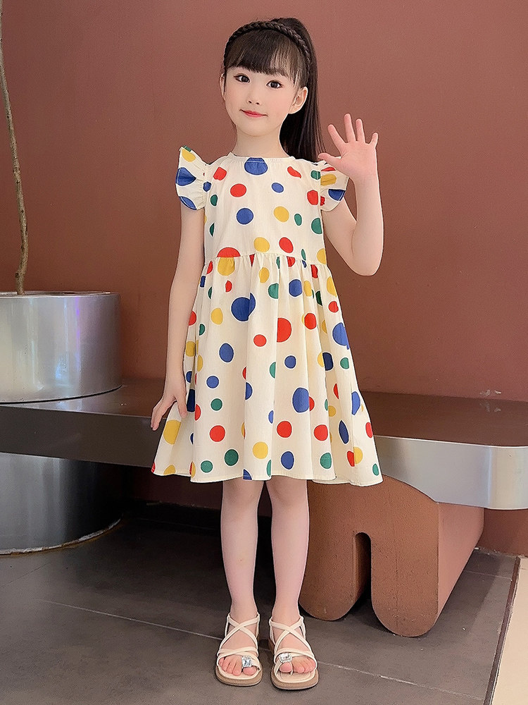 儿童连衣裙夏装2023新款小女孩飞袖公主宝宝波点纯棉布裙女童裙子