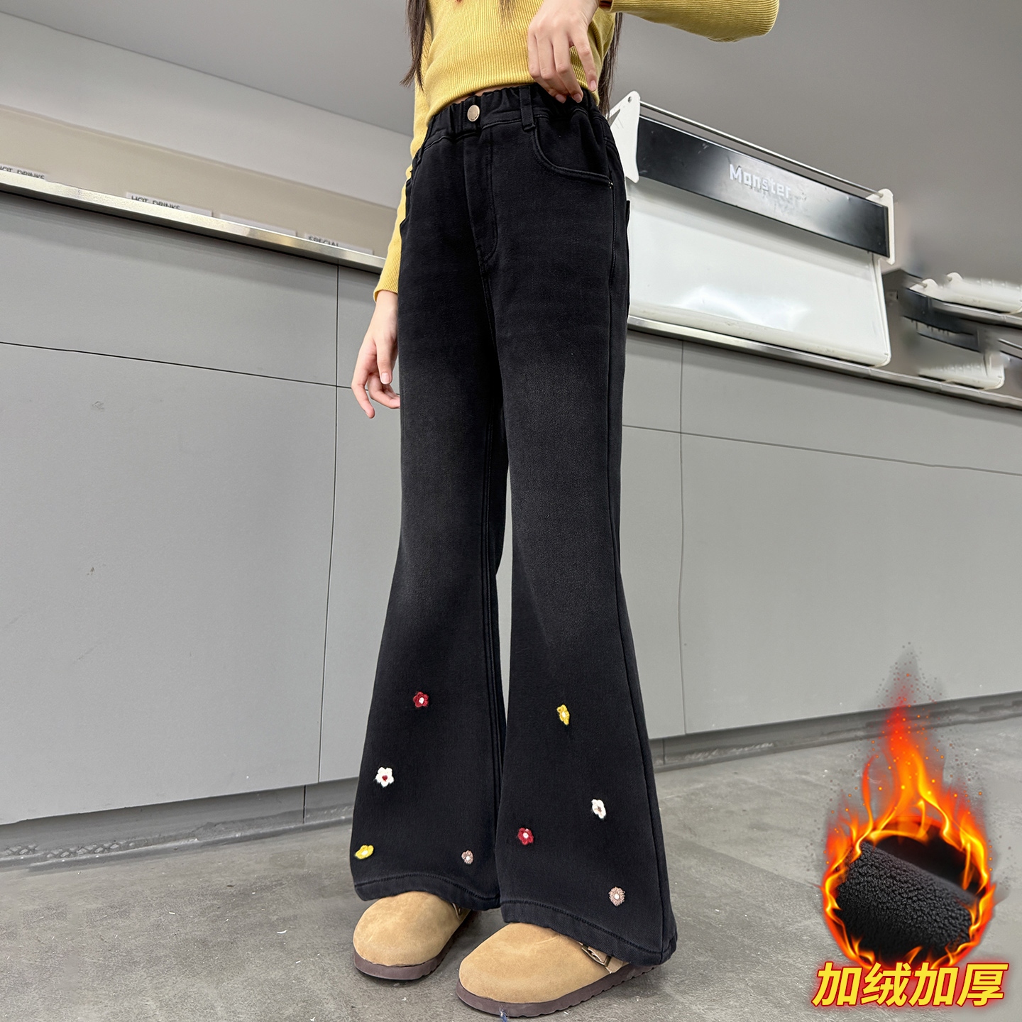 女童冬季加绒裤一体绒牛仔喇叭裤