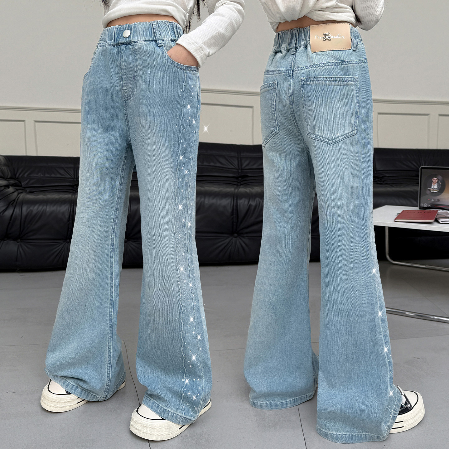 女童牛仔裤春秋洋气外穿烫钻波浪线修身微喇长裤儿童裤子春季新款,童装/婴儿装/亲子装,裤子,淘宝优惠券,粉丝福利购,淘宝优惠卷