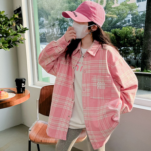 女童衬衫春秋款2026新款大童时尚纯棉长袖格子上衣儿童春季衬衣服