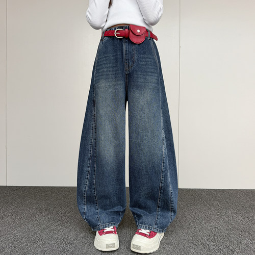 女童牛仔裤春秋拼接宽松弯刀裤