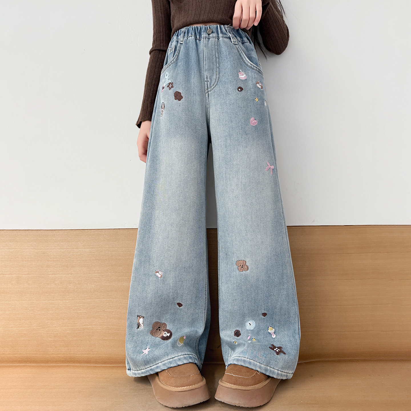 女童加绒裤子冬加厚一体绒牛仔裤