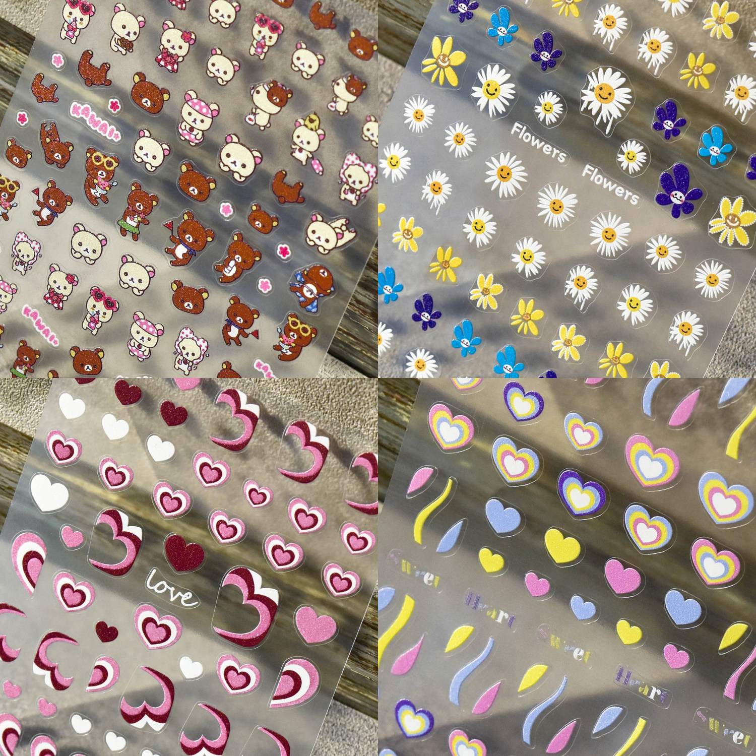 新工艺tomoni平面带背胶美甲贴纸可爱熊太阳花粉红心跳红色心跳