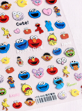 新工艺tomoni薄韧带背胶美甲贴纸 可爱怪蓝色红色毛头怪指甲贴画