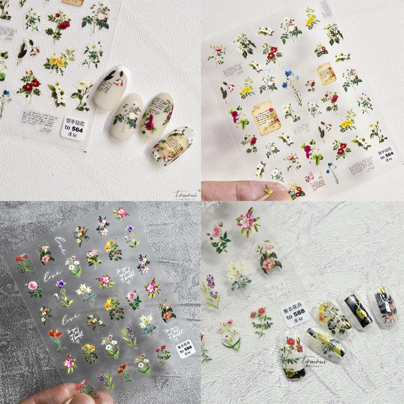 新工艺tomoni薄韧带背胶美甲贴纸 书信花卉信手拈花复古花簇甲贴