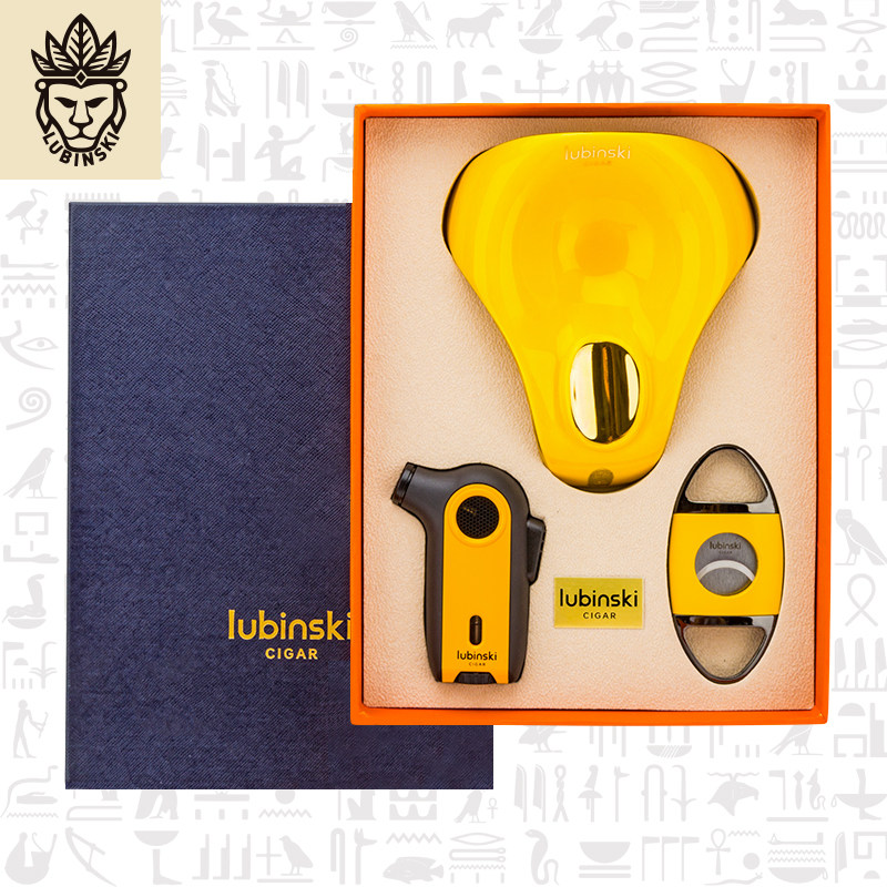 鲁宾斯基雪茄剪刀直冲打火机陶瓷烟灰缸三件套工具礼盒套装入门级