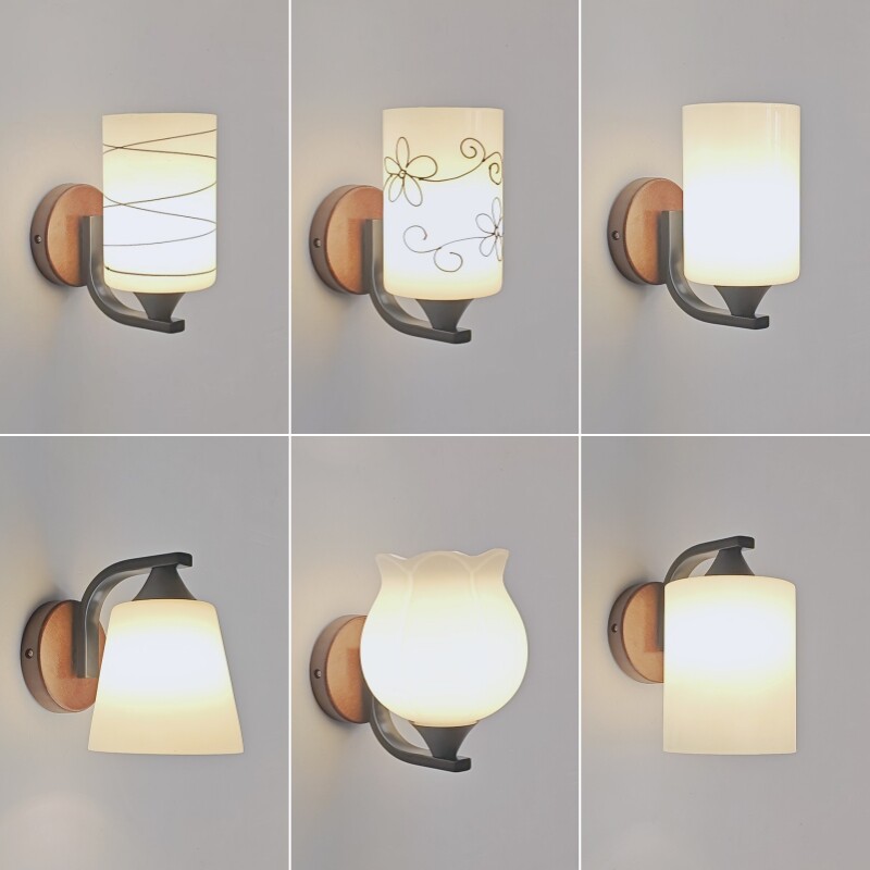 星花秀实木中古风led卧室床头灯图片