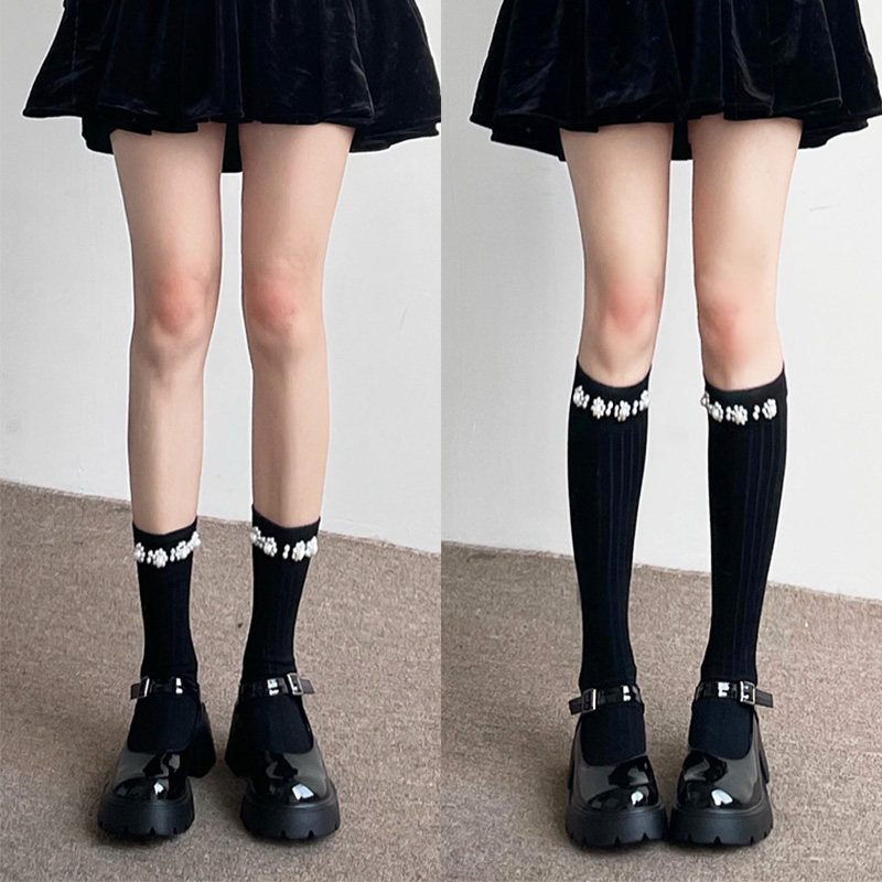 立体珍珠中筒袜走秀款重工钉珠个性ins潮搭配皮鞋棉及膝袜小腿袜