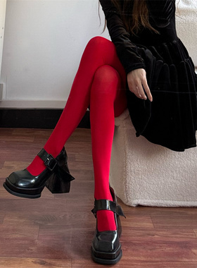 天鹅绒红色连裤袜新年袜美式复古纯欲新潮流外穿压力显瘦打底袜女