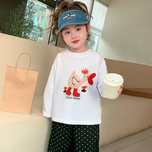 女童长袖T恤白色春秋季2026新款儿童t韩式圆领宽松女宝宝百搭上衣