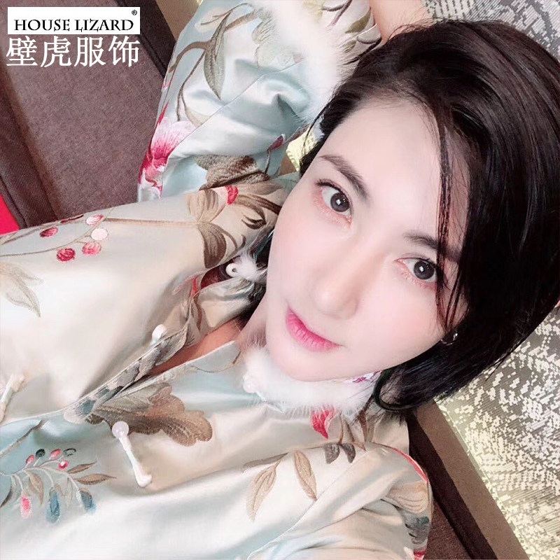 scc小壁虎深圳壁虎服饰18新款高端优雅刺绣中国风复古水貂毛旗袍