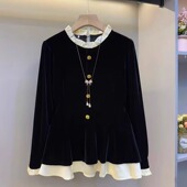 新款 大码 法式 欧货2025秋季 复古丝绒木耳边拼接设计感长袖 上衣内搭