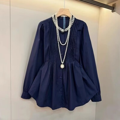 时尚大码法式胖mm重工艺钉珠衬衫女2025春季新款气质显瘦百褶上衣