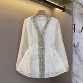 时尚 V领民族风上衣女胖MM贵气显瘦衬衫 大码 高级轻奢气质早秋长袖