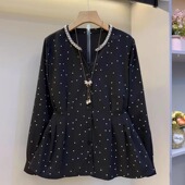 大码 女胖MM重工艺领口钉珠设计感显瘦上衣 衬衫 春秋款 韩系波点长袖