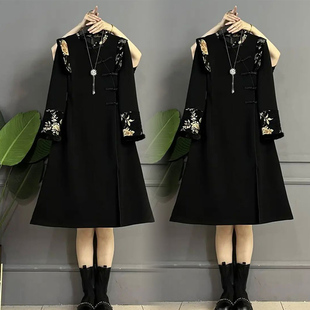 显瘦气质改良旗袍裙 胖mm国风复古斜襟盘扣中长款 2023秋冬新款 大码