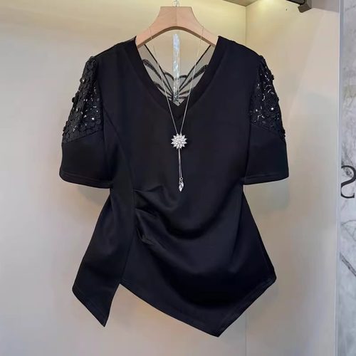欧货大码法式V领蕾丝拼接短袖上衣胖MM时尚设计感美背短袖T恤内搭