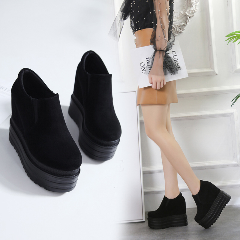 坡跟超高跟防水台厚底绒面短靴女