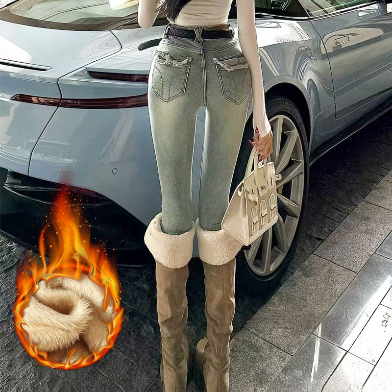 网红辣妹风翻盖设计秋冬款显瘦紧身铅笔牛仔裤女士百搭小脚裤加绒,女装/女士精品,牛仔裤,淘宝优惠券,粉丝福利购,淘宝优惠卷