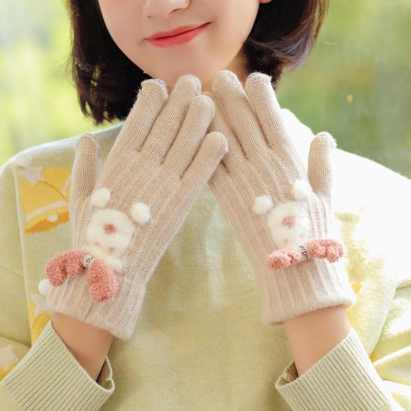 手套冬季女韩版可爱保暖加绒全指针织毛线手套可触屏骑车加厚防寒
