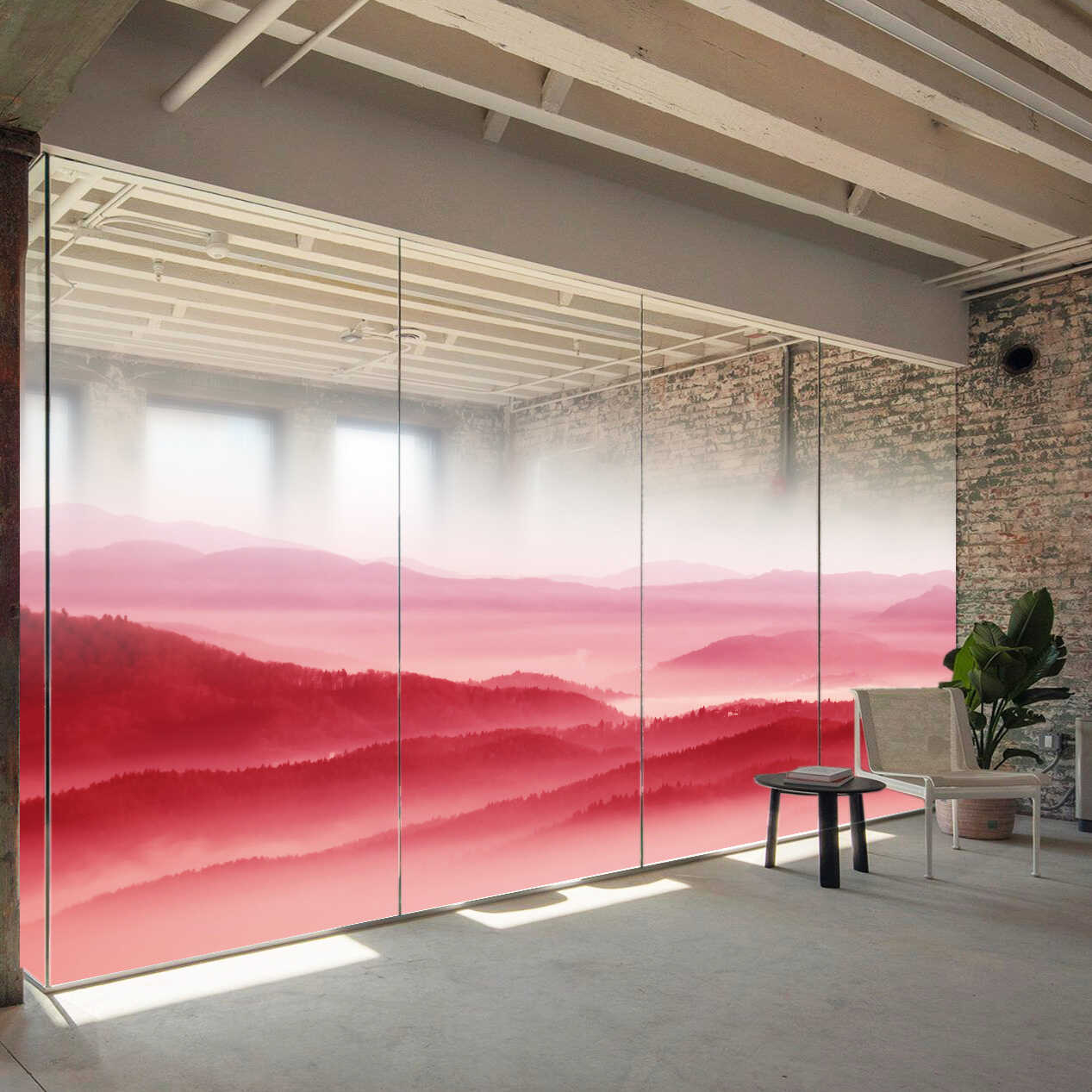 中式风山水画白色渐变玻璃膜酒店餐厅展厅背景墙艺术办公室玻璃贴图片