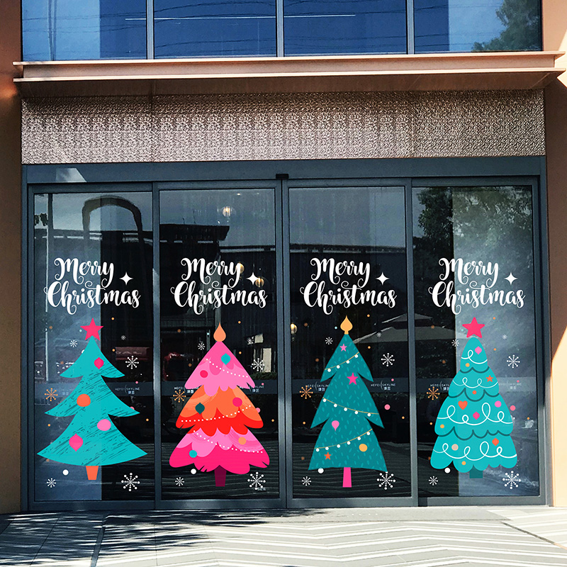 彩色卡通创意圣诞树玻璃贴画酒店银行幼儿园圣诞场景布置静电贴纸图片