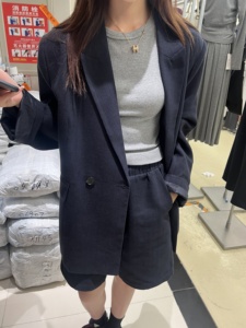 早秋新款韩版宽松休闲中长西装外套女+松紧腰五分裤套装